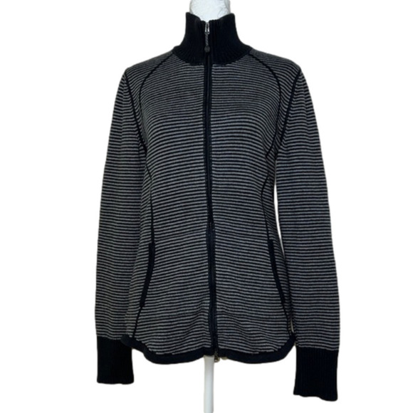 Eddie Bauer Sweaters - Eddie Bauer Black & Gray Striped Full Zip Mock Neck Knit Sweater - Size Medium